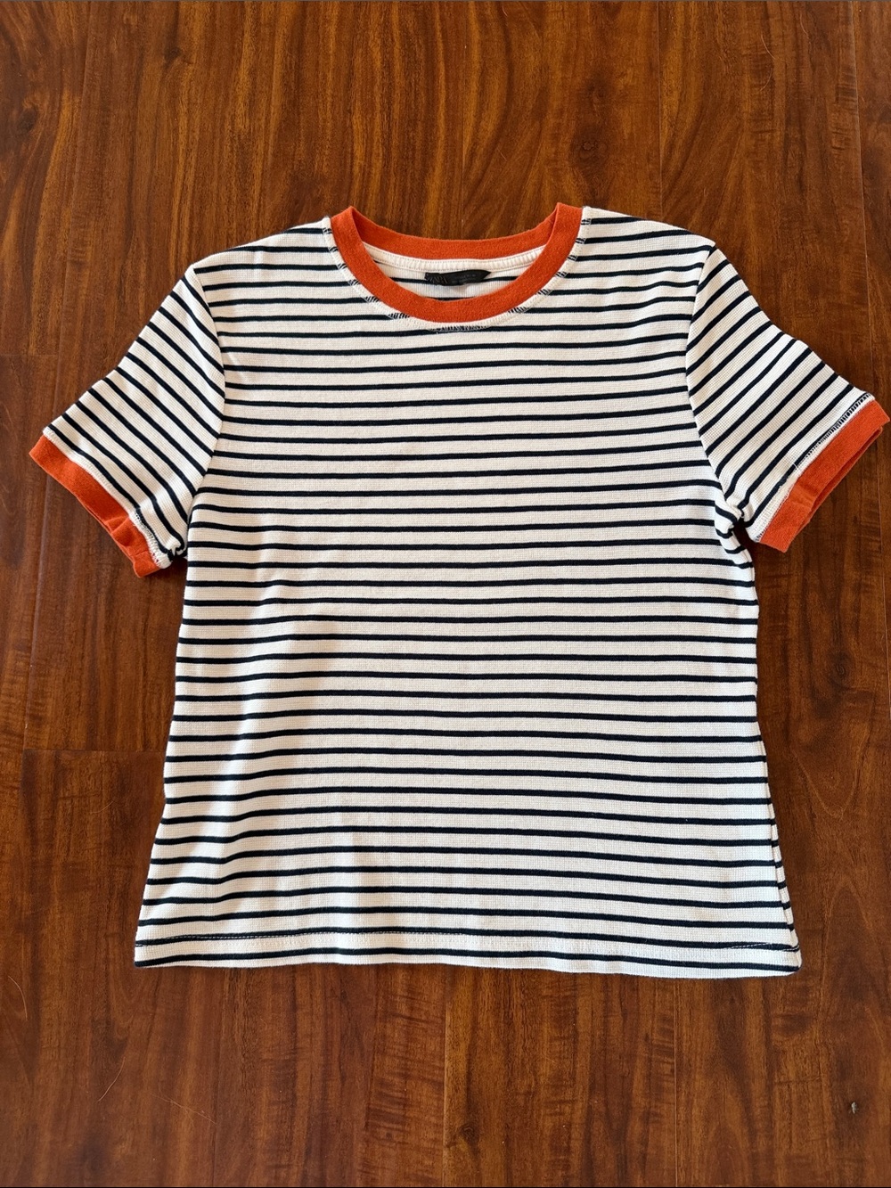 Zara Black & White Striped Tee with Orange Trim